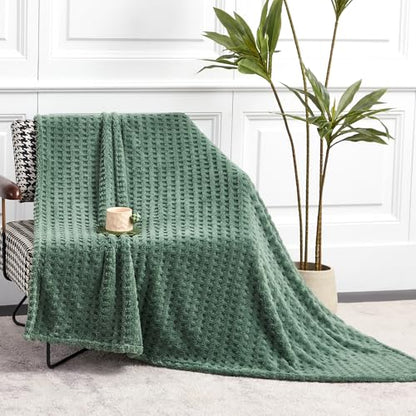 Soft Cozy Fuzzy Fleece Queen Size Blanket, Waffle Bronze Green, 90x90 Inches – Lightweight, Fluffy, and Warm 3D Jacquard All-Season Blanket for Bed, Couch, Sofa, Camping, and Travel - color: Waffle Bronze Green, size: Queen (90" x 90")