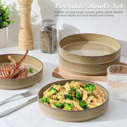 E-far Pasta Bowls Set of 4, 35oz Large Salad Bowl Plate for Dinner Serving, Wide & Shallow Ceramic Stoneware Pasta Plate, Microwave & Dishwasher Safe, Reactive Glaze Textured Stripe, Caramel Khaki - color: Caramel Khaki