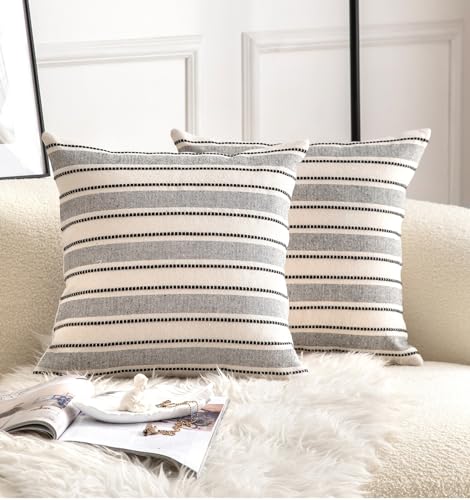 Cethom Decorative Boho Throw Pillow Covers, Farmhouse Textured Pillow Case, 18 x 18 Inch Set of 2, Chair Sofa Bedroom Living Room Home Decor Couch Cushion Case, Black and Beige Striped - color: Black, size: 18" x 18" (Pack of 2)
