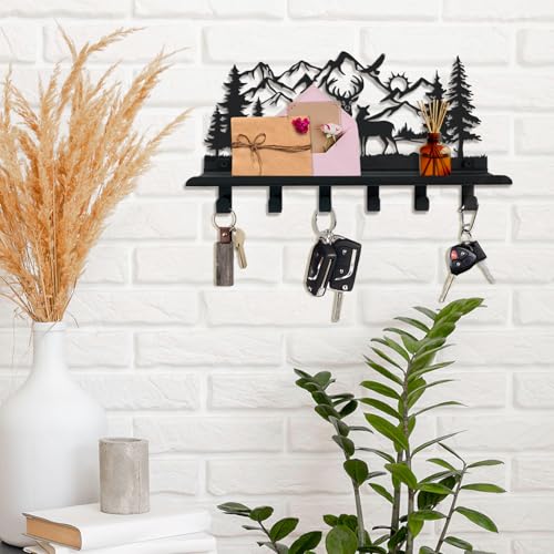 Deer Metal Key and Mail Holder for Wall, Key Holder Wall Mount with Shelf, Key Rack, Key Hooks for Living Room, Hallway, Office - size: Small, style: Deer with Shelf