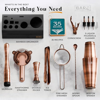 BARE BARREL® Mixology Bartender Kit Bar Set | 14-Piece Cocktail Shaker Set | Martini Barware Mixing Tools for Home Bartending | Incl. 35 Recipe Cards | Gift Set (28oz Boston Shaker, Copper/Black) - color: Copper/Black