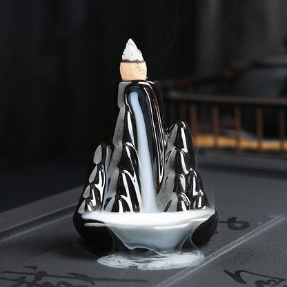 Handmade Ceramic Backflow Incense Holder - Waterfall Incense Burner Ornament, Mountain Design Aromatherapy Fountain for Home Decor, Yoga, Meditation & Office, Unique Zen Gifts (Black)