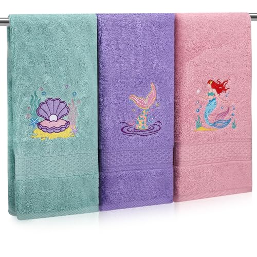 3 Pcs Embroidered Mermaid Bath Towels Seashell Beach Hand Towels | 100% Cotton Soft Absorbent for Home Cleaning Decorative Gift, 13 x 29 Inch - color: Pastel Ocean Mermaid