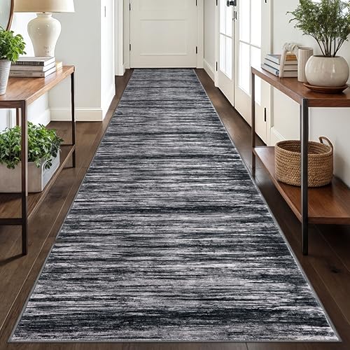 SIILOOM 2.6x18 Washable Runner Rug, Non Slip Area Rug for Hallway Kitchen | Black/White Soft Modern Abstract Spill & Stain Resistant Low Pile Carpet for Entryway Office Laundry Bedroom, Easy Clean - color: Black/White, size: 2'7" x 18' (Runner)