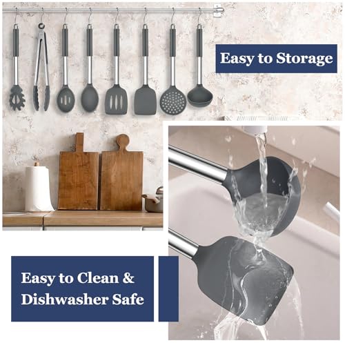 TeamFar Kitchen Utensils Set of 8, Silicone Utensils Kitchen Tools | Stainless Steel Handle, for Nonstick Cookware Frying Flipping Draining, Healthy & Anti-heat, Nonstick & Dishwasher Safe -Gray - color: Light Grey