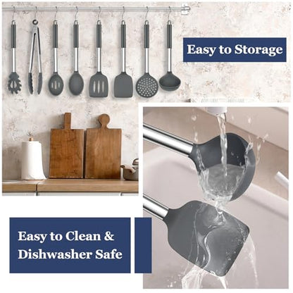 TeamFar Kitchen Utensils Set of 8, Silicone Utensils Kitchen Tools | Stainless Steel Handle, for Nonstick Cookware Frying Flipping Draining, Healthy & Anti-heat, Nonstick & Dishwasher Safe -Gray - color: Light Grey