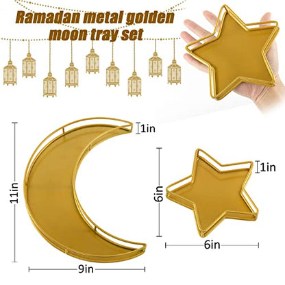 2PCS Ramadan Serving Trays Decorations for Home - Moon Star Shaped Eid Mubarak Table Decor Gifts, Islam Muslim Al-Fitr Iftar Party Crescent Iron Platters Dishes (Hollowed-Out) - style: Hollowed-out