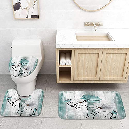 Rustic Farmhouse Bath Mat Set, Farm Teal Daisy Floral Flowers and Butterfly on Country Wooden Bathroom Mat Set with Non-Slip Bath Rug, Soft Toilet Lid Cover and Contour Mat, Turquoise Blue (Teal) - color: Teal