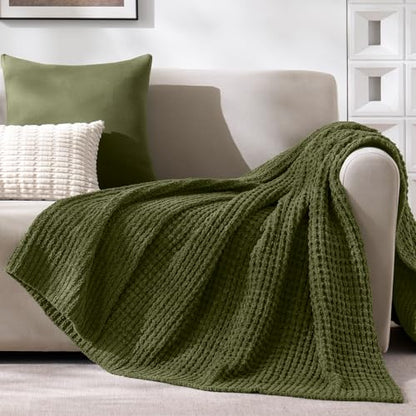 PHF Chenille Waffle Knit Throw Blanket- Plush Warm & Cozy 50" x 60" Ultra Soft Blanket- Chunky Fluffy Waffle Throws for Couch Bed Sofa - Olive Green - color: Olive Green, size: Throw(50"X60")
