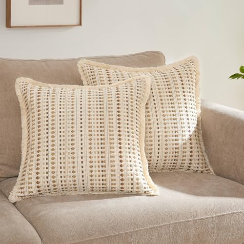 Embroidered Throw Pillow Cover Set of 2, Spring Summer Boho Farmhouse Decorative Pillow Case with Tassels, Textured Cushion Cases for Sofa Living Room Home Decor (Beige, 18" x 18") - color: Beige, size: 18" x 18" (Pack of 2)