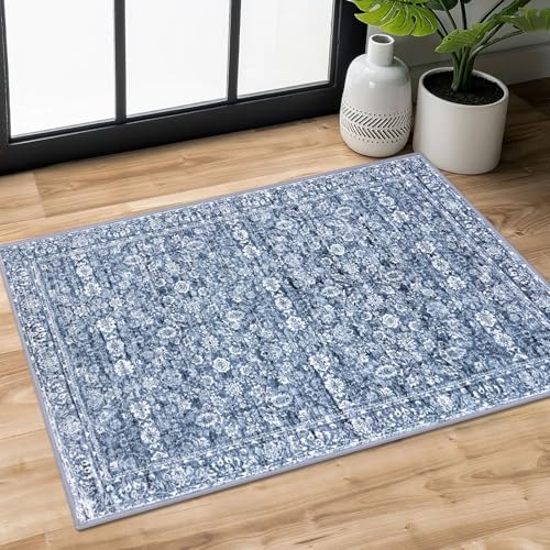 SIILOOM 2x3 Small Washable Area Rug Entryway Door Mat Indoor Kitchen Runner | Blue/White Soft Vintage Non Slip Entry Carpet for Entryway Kictchen Front Backdoor Bedside - color: Blue/White, size: 2' x 3' (Rectangular)