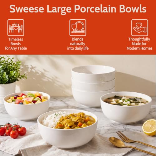 Sweese 24 oz Ceramic Cereal Bowl Set of 4, 6" Breakfast Bowl Stackable, Round Serving Bowl for Rice, Snack, Fruit and Everyday Meals, White - color: White, size: 24 Ounce (Set of 4)