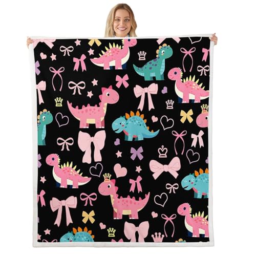 Cute Dino Kids Fleece Blanket,Kawaii Bowknot Heart Princess Style Throw Blanket for Adult,Pink Black Dinosaur Cartoon Animal Lightweight Polyester Sofa Sherpa Blanket, Queen (90 x 90 Inch) - color: 01 Black Pink, size: Queen