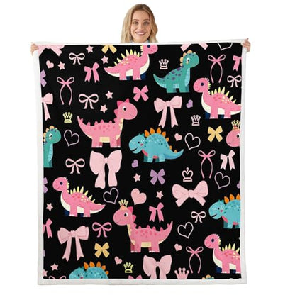 Cute Dino Kids Fleece Blanket,Kawaii Bowknot Heart Princess Style Throw Blanket for Adult,Pink Black Dinosaur Cartoon Animal Lightweight Polyester Sofa Sherpa Blanket, Queen (90 x 90 Inch) - color: 01 Black Pink, size: Queen