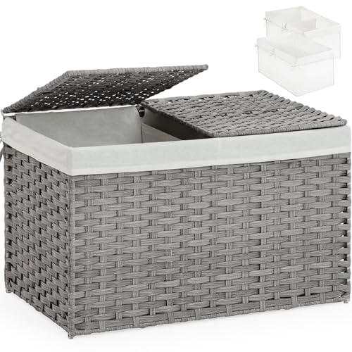 SETVSON Storage Basket with Lid Wicker Baskets for Storage, 160L Gray | Dual Lid Jumbo Blanket Storage Trunk, Divided Clothes Organizer, 2 Washable Liner Bags, Collapsible PE Rattan Bin - color: Gray, size: 160L-29.9L*17.3W*18.1H