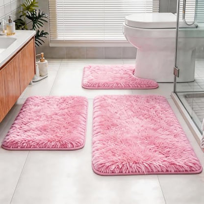 Shaggy Bathroom Rugs Set Plush Velvet Bath Rugs Non-Slip Bath Mat Set 3 Piece,Washable Mats,Absorbent Shaggy Rugs Super Soft U-Shaped Toilet Rug,Bahroom Carpets for Bathroom,Tub,Shower(Light Pink - color: Light Pink