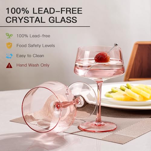 JOVGANK Pink Martini Glasses Set of 6 – 13oz Lead-Free Crystal Glass, Hand-Blown Classic Champagne & Cocktail Luxury Cups, Elegant Glassware for Party Home Bar Wedding Gift for Ice Cream Dessert - color: Classic-Pink