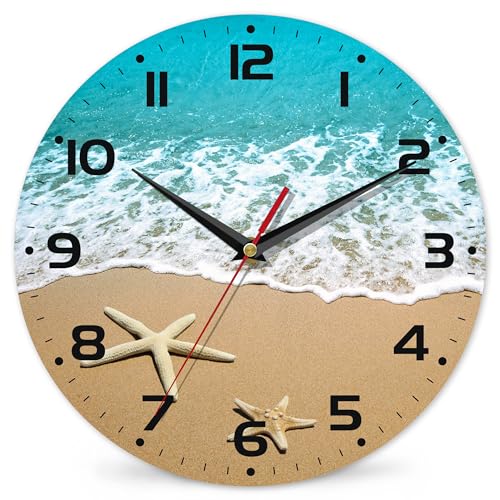 Starfish On A Beach Sand Wall Clock - Contemporary Home Decor, Easy to Read for Living Room, Bedroom, Bathroom and Kitchen, 10 Inch - color: Starfish on a Beach Sand