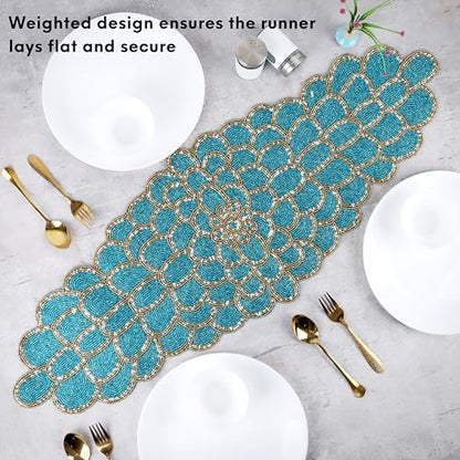 Beaded Table Runner, Blue & Gold, 13x36 | Handmade floral pattern, 85% glass beads, polyester backing, non-slip, dining/console/coffee table, weddings, holidays - color: Teal Gold, size: 36"x13"