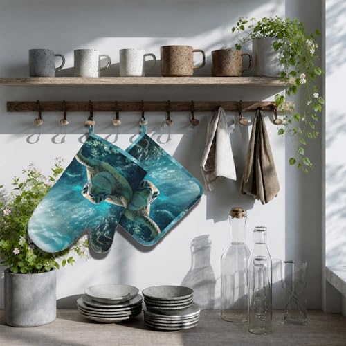Sea Turtles Oven Mitt and Pot Holder with Silicone Heat Resistant Kitchen for Cooking BBQ Baking Grilling Cooking Protection - color: Sea Turtles