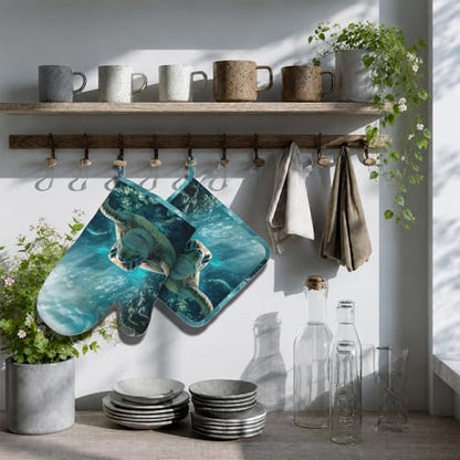 Sea Turtles Oven Mitt and Pot Holder with Silicone Heat Resistant Kitchen for Cooking BBQ Baking Grilling Cooking Protection - color: Sea Turtles