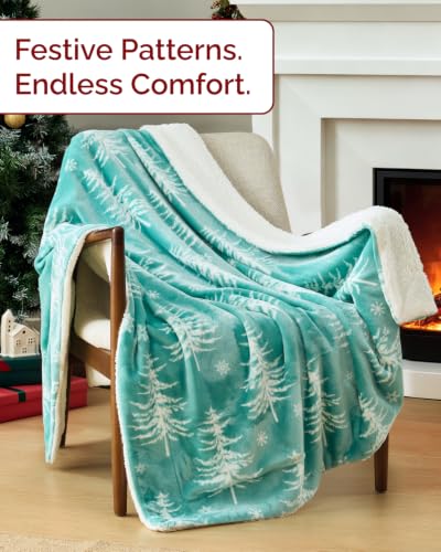 Christmas Sherpa Blanket Throw, Reversible Blanket - Snowy Trees, 50x60 | Super Soft Double Sided Throw for Bed, Sofa, Couch, Reversible Sherpa Fleece Blanket, Thick, Warm, Plush, Xmas Winter Bedding - color: 07 - Snowy Trees