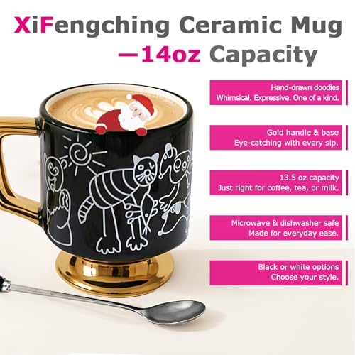 Christmas Mugs Whimsical Animal Ceramic fun Coffee Mug – 14oz Childlike Hand-Drawn Cat, Dog & Bear Design – Cute gothic Coffee Cup Gift for Women, Girls, Kids (Black) - color: Black