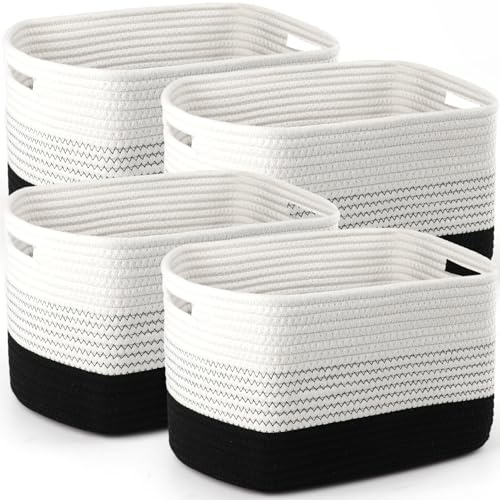 4 Pack Storage Baskets for Organizing, 11''Lx9''Wx8''H Woven Baskets for Storage Toys, Towels, Books, and Clothes, Cotton Rope Basket for Shelves with Handle - color: White & Black, size: Large