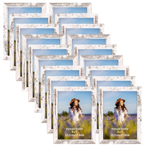 PETAFLOP Wooden Bulk 5x7 Picture Frame Set of 18, White Distressed Photo Frames Fits 5 by 7 for Wall or Tabletop Display - color: Distressed white, size: 5x7