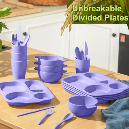 Honoson 24 Pcs Wheat Straw Dinnerware Cutlery Set, Service for 4, Unbreakable Plates and Bowls Set - Divided Plates, Bowls, Spoons, Forks & Knives, Microwave & Dishwasher Safe(Light Purple) - color: Light Purple