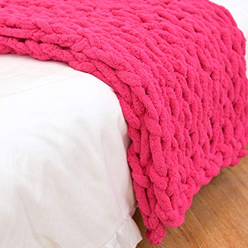 Handmade Chunky Knit Blanket Hot Pink, Knitted Blankets Chunky Soft Cozy Chenille Casual 6CM Wide Knitted Warm Knitting Throw for Bedroom Decor Chair Sofa Pet Mat-40x40inch - color: Hot Pink, size: 40x40inch