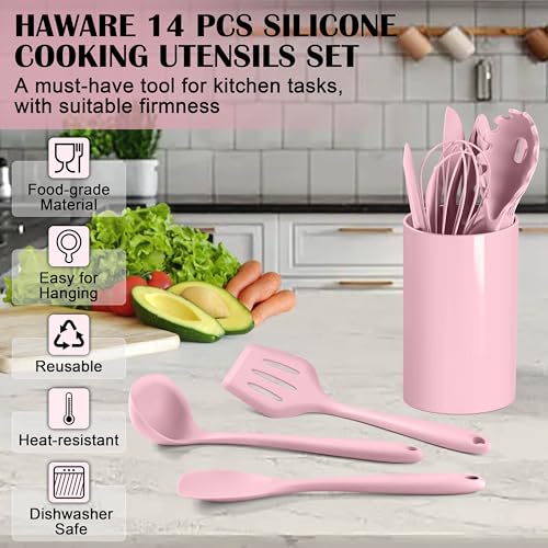 HaWare Kitchen Utensils, 14 PCS Silicone Cooking Utensils Set, Heat Resistant Kitchen Utensils for Non-stick Cookware, Kitchen Gadgets Tools with Spoons, Spatulas, Whisk, Dishwasher Safe (Pink) - color: Pink