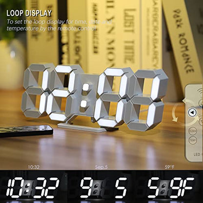 3D LED Digital Wall Clock ,9.7", Large Display Table/ Desk Clock with Remote Control 12/24H Temperature (White Light) - color: 9.7in Clock-white Light