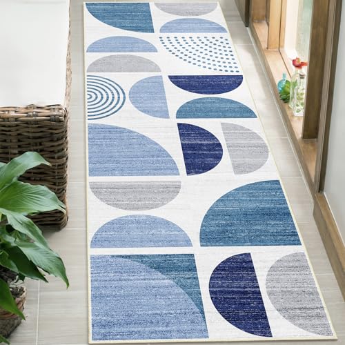 Runner Rug Washable,Blue 2x6 Area Rugs Non Slip Modern Abstract | Long Throw Carpet for Hallways Kitchen Bathroom Bedroom Entryway Bedside Laundry Boho Soft Low Pile Indoor Navy Blue - color: Blue and Grey, size: 2' x 6' (Rectangular)