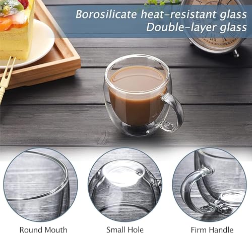 8 oz/250ml Double Walled Glass Coffee Mugs, Clear Coffee Cups and Mugs Set of 4, Cappuccino Latte Macchiato Glasses Cups with Handle, Espresso Mug Cups for Latte, Hot/Cold Drink - size: 8 oz/250ml