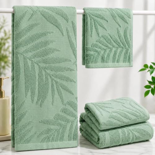 Sage Green Leaves Towels Set of 4,100% Cotton 2 Hand Towels,2 Washcloths | Soft Absorbent Green Jacquard Decorative Towel for Spring Summer Holiday Home Bathroom Kitchen Decor Gift - color: Sage Green Leaves Set