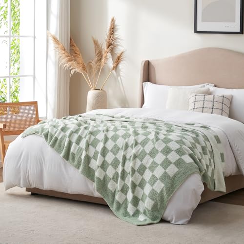 Snuggle Sac Checkered Bedding Blanket Twin Size 60x80, Super Soft Cozy Warm Knit Blankets, Reversible Breathable Lightweight Fluffy Throws for Sofa, Bed, Checkered Sage Green, 60x80 Inches - color: Checkered Sage Green, size: Twin(60"x 80")