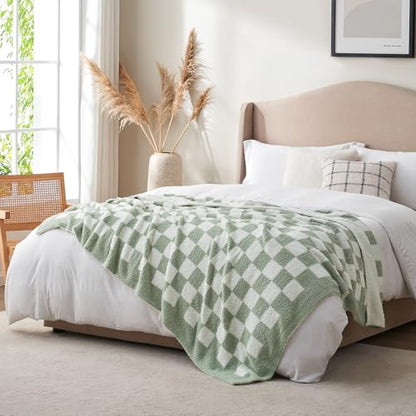 Snuggle Sac Checkered Bedding Blanket Twin Size 60x80, Super Soft Cozy Warm Knit Blankets, Reversible Breathable Lightweight Fluffy Throws for Sofa, Bed, Checkered Sage Green, 60x80 Inches - color: Checkered Sage Green, size: Twin(60"x 80")