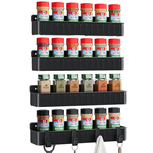 Nieifi Spice Rack Wall Mount, 4 Pack Black, 2" Depth, Screw/Adhesive | Wall-Mounted with Removable Hooks Saves Counter Space, Fits 2" Deep Jars, Ideal for Kitchen Cabinets, Pantry Doors, and RVs - color: Black