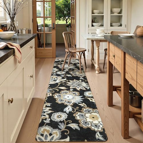 Lahome Floral Black Rug Runner - Runner Rug for Hallway 2x10 Non-Slip Stain Resistant Washable Runner Rugs for Kitchen Floor, Paisley Print Accent Ultra-Thin Carpet Runners for Bedroom Foyer Entryway - color: 1-black, size: 2' X 10' (Runner)
