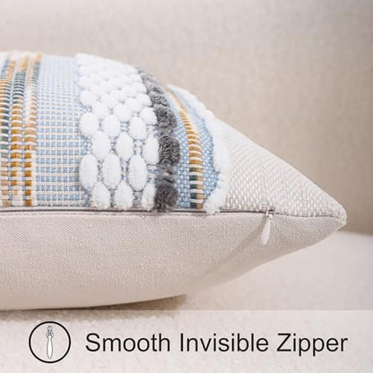 Boho Throw Pillow Covers 18x18 Set of 2 Grey Blue White | Durable Fabric,Stripe Pillow Covers,Farmhouse Cushion Case,Chenille Pillow Cases,Neutral Pillowcase for Sofa Couch Bed - color: Grey Blue White Stripe, size: 18" x 18" (Pack of 2)