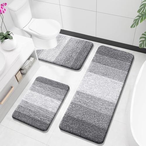 OLANLY Microfiber Bathroom Rugs Sets 3 Piece, 47"x20"+24"x16"+24"x20" | Grey, Soft Absorbent Bath Mats and U-Shaped Contour Toilet Rug, Plush Shaggy Bath Mat Set for Bathroom - color: Grey, size: 47" X 20" + 24" X 16" + U24" X 20"