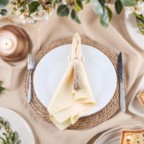 Boho Woven Placemats Set of 6 with Wooden Napkin Rings, 13" Natural Water Hyacinth Table Mats Charger Plates for Christmas Decorations, Thanksgiving, Rustic Dining & Home Decor