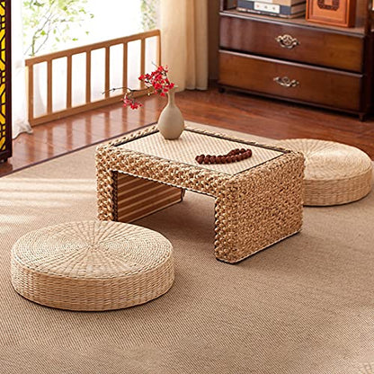 Tatami Floor Pillow Sitting Cushion Bigger Size - Round Hand Woven Seat Cushion,Japanese Style Breathable Padded Knitted Straw Meditation Cushions for Zen, Yoga Practice or Room Floor (40cm) - size: 40cm
