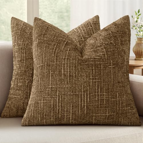 MIULEE Chenille Textured Fall Throw Pillow Covers Bronze 18x18 Set of 2 | Slubby Decorative Pillows, Boho Farmhouse Rustic Home Decor, Modern Neutral Cushion Covers for Couch Sofa Bed Living Room - color: Bronze, size: 18" x 18" (Pack of 2)