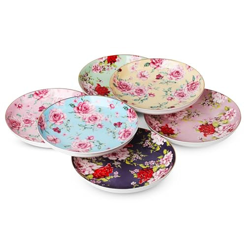 BTaT- Floral Dessert Plates Ceramic, Set of 6, 8 Inch, Assorted Colors with Golden Rim, Deep Porcelain Floral Plates Set of 6, Dishwasher Safe - color: Floral, size: 6 Pack
