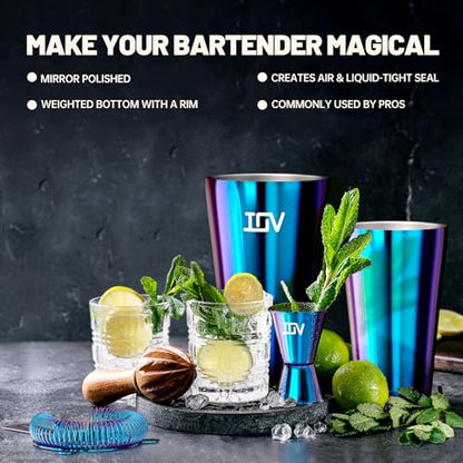 IOV Boston Cocktail Shaker Bar Set, Bartender Kit Drink Mixer Set with 18 oz & 28 oz Boston Shakers, Hawthorne Strainer, Double Jigger, Bar Tool Kit and Recipe Booklet - Rainbow - color: 3 Pcs - Rainbow