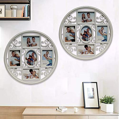 MKUN 2Pack of 4x6 Wall Photo Collage Frames - Round Circular Circle Wall Hanging Picture Collage Frame with Leaf Decoration, 5- Opening (White) - color: White