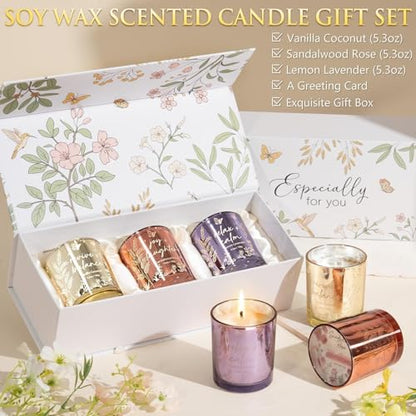 Candles for Women, 3 Pack Soy Wax Candle Gift Sets for Home Scented | Holiday Votive Candle Gifts Set, Christmas Birthday Gifts for Women Mom Her - Vanilla Coconut/Sandalwood Rose/Lemon Lavender - color: Gold, Pink, Purple