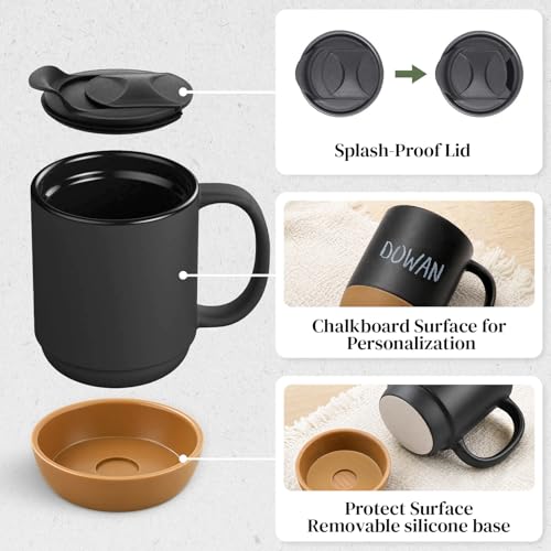 DOWAN Coffee Mugs, 15 oz Upgraded Coffee Mug with Silicone Bottom, Large Ceramic Coffee Mug set of 2 with Spill Proof Lid for Mom Dad, Big Mug for Latte Tea, Matte Grey